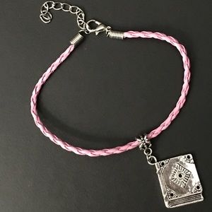 Pink Braided Leather Book Charm Bracelet